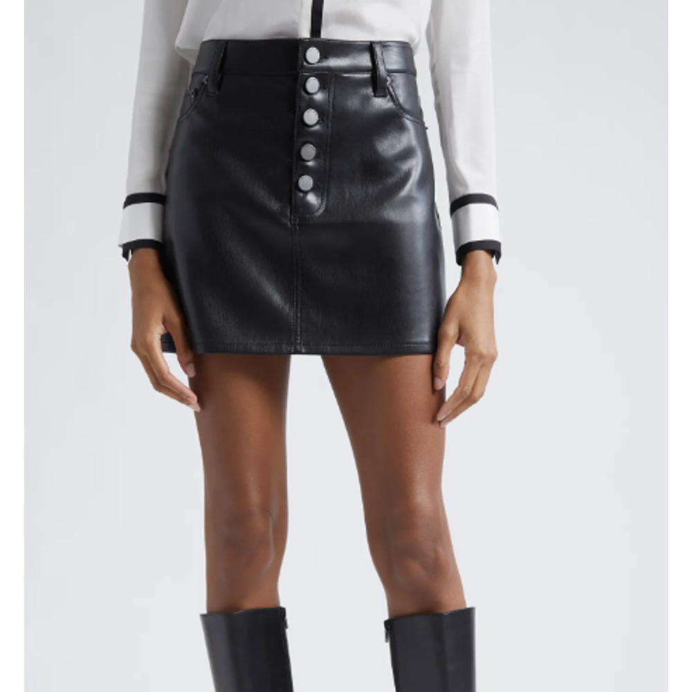 Alice + Olivia Joss Button Front Black Soft Faux Leather Mini Skirt Size 10